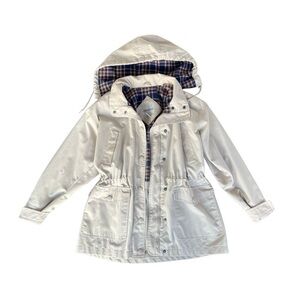 Cabin Creek White Raincoat with Plaid Hood